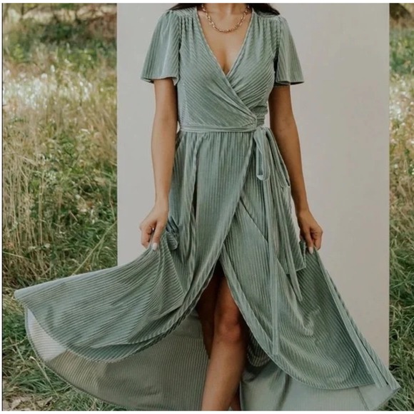 Baltic Born Dresses & Skirts - NWT Baltic Born Sage Green Velvet‎ Pleated Wrap Dress Midi Short Sleeve M Medium